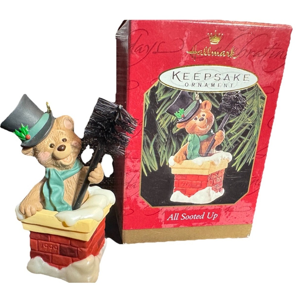 All Sooted Up`1999`Cute Little Bear Cleaning Chimney,Hallmark Ornament